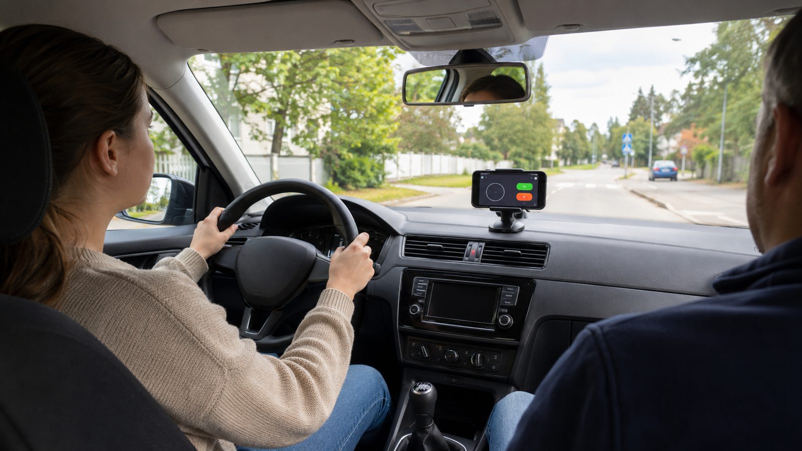 Kuljettaja ja opettaja autossa, puhelin telineessä kojelaudalla
